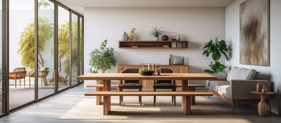 Wooden dining table is a prominent feature in the open space living room and dining area s design With copyspace for text