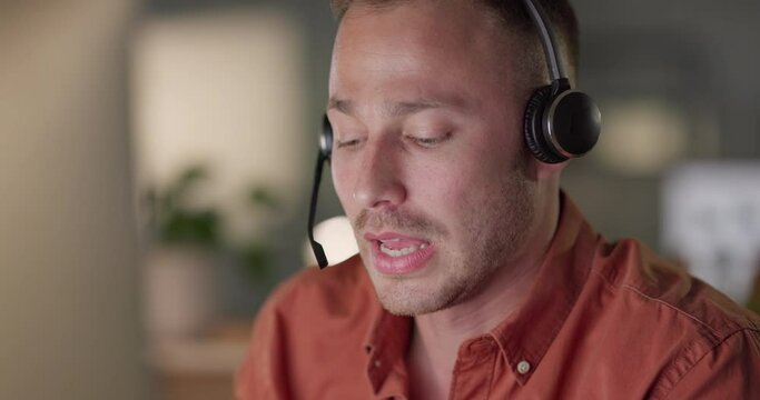 Business man, computer and call center with web support, online information and customer service in office. Professional consultant or agent speaking and helping, virtual chat or contact us at night