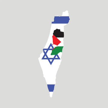 The map of Israel and Palestine is colored in the colors of the flags. Vector illustration