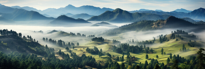 Mystical mysterious fog over the forest tops with a view of the mountains at dawn, banner - obrazy, fototapety, plakaty