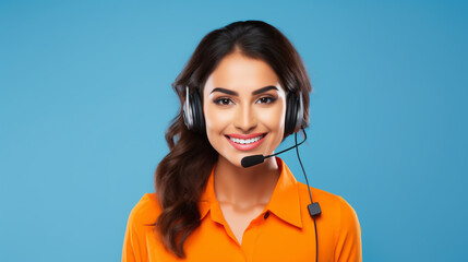 SMILING BUSINESS WOMAN OR CALL CENTER OPERATOR TALKING ON A SPEAKERPHONE HEADSET ON A BLUE STUDIO BACKGROUND, HORIZONTAL IMAGE. image created by legal AI
