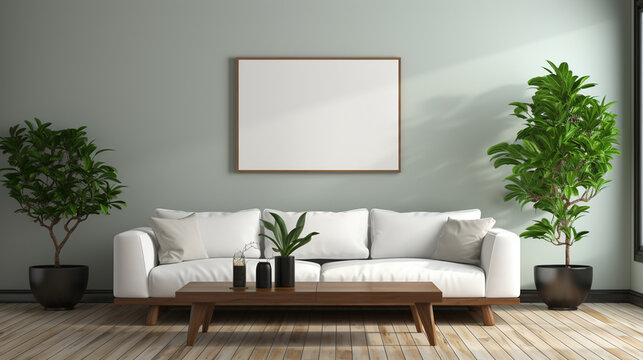 hoto interior blank photo frame living room with white sofa. 3d rendering