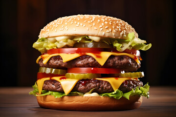 Double patty cheeseburger on a wooden table closeup view, juicy beef burger or hamburger isolated...