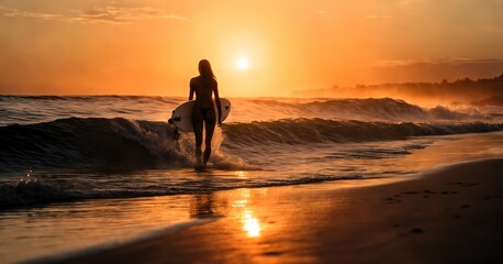 Woman with surfboard on the beach at sunset, Silhouette