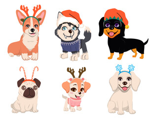 Bundle of cute dogs of different breeds wearing Christmas headbands and hats vector illustration. Set of festive cartoon domestic animals isolated on white background