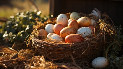 wicker baskets with fresh eggs in a chicken coop on a farm. concept of agriculture and organic products