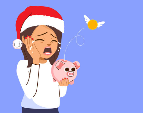 Female Young adult person crying being broke for Christmas holiday spending. Sad woman having no savings holding piggybank with flying coin being poor concept after buying all xmas presents