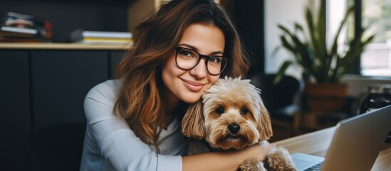 young adult woman working at home stay cuddle hand pet animal dog best friend in living room at home stay home with pet lifestyle concept