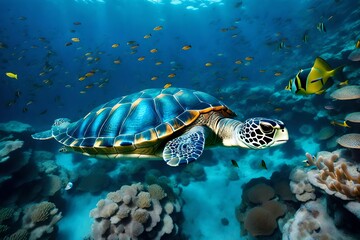 Enchanting Underwater Harmony: Turtle Amongst Ocean Fish in the Blue Abyss