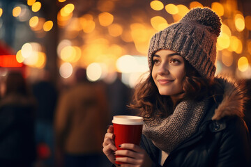 Young woman with cup of hot drink at Christmas fair. Enjoying Christmas Market, Christmas bokeh...