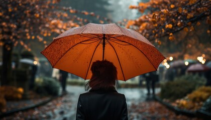 Rear view with raindrops of a man walking under an umbrella along a park alley in the rain. Long autumn day