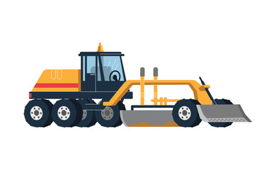 Road machinery, machine for highway works, vector illustration in flat style. Isolated in white.