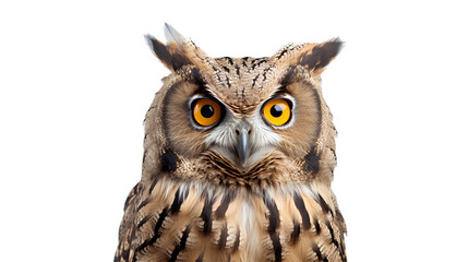 Obraz premium A close up of a european eagle owl perched on a post and staring forward. the eyes are penetrating the viewer. Isolated on Transparent background.