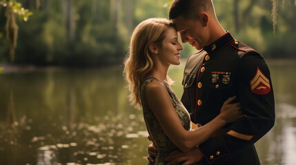 In a serene lakeside setting, a Marine Corps corporal shares a moment of peace and happiness with his spouse, their smiles mirroring the tranquility of their reunion.  - obrazy, fototapety, plakaty