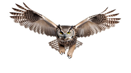 Flying european eagle owl perched on a post and staring forward. the eyes are penetrating the viewer. Isolated on Transparent background.