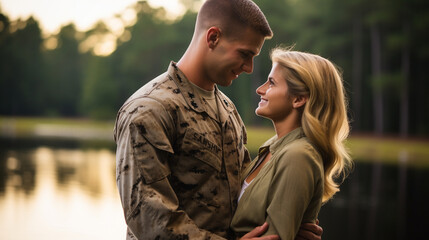 In a serene lakeside setting, a Marine Corps corporal shares a moment of peace and happiness with his spouse, their smiles mirroring the tranquility of their reunion.  - obrazy, fototapety, plakaty