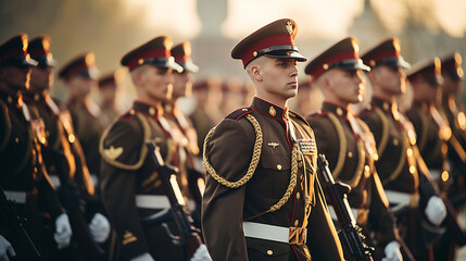 A group of soldiers in crisp uniforms stands at attention on a parade ground, their gleaming rifles held with precision.  - obrazy, fototapety, plakaty