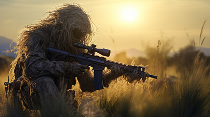 On the firing range, a sharpshooter in a ghillie suit takes aim with a high-powered rifle, the target downrange illuminated by bright sunlight. 