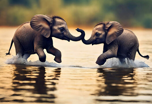 Cute baby elephant are playing together in the river. Adorable animal photography. Perfect photo for wallpaper, wall art, home decor, nursery, background, printing.