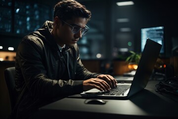 A male hacker wearing glasses and a leather jacket is working on a laptop in the dark in the office - obrazy, fototapety, plakaty