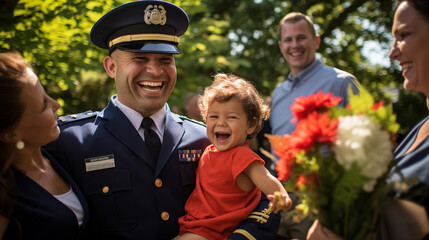 In a vibrant garden, a Coast Guard officer shares a joyful laugh with his extended family during a homecoming celebration, their smiles echoing their shared love. 