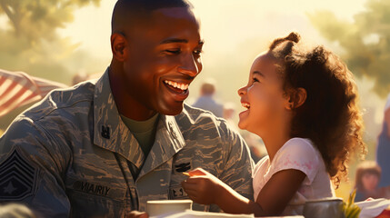 At a lively family picnic, an Air Force staff sergeant smiles as he watches his young niece play, her innocent joy mirroring the happiness of their reunion.  - obrazy, fototapety, plakaty