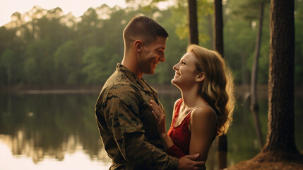 In a serene lakeside setting, a Marine Corps corporal beams with happiness as he reunites with his spouse, their smiles a testament to their enduring love.  - obrazy, fototapety, plakaty