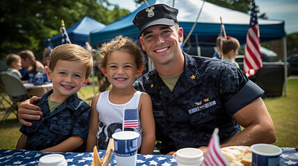 At a bustling family barbecue, a Navy petty officer relishes the laughter and smiles shared with his siblings, a true homecoming celebration filled with joy. 