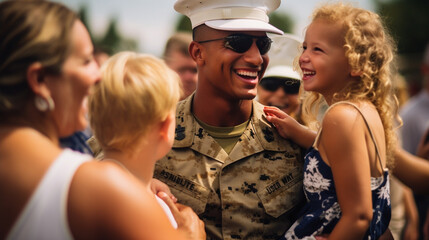 At a bustling family barbecue, a Navy petty officer relishes the laughter and smiles shared with his siblings, a true homecoming celebration filled with joy.  - obrazy, fototapety, plakaty