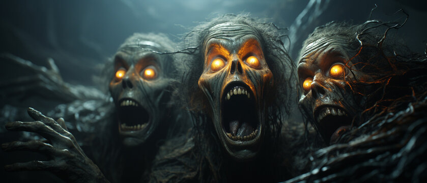 Three scarry halloween monster faces
