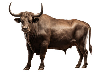 Strongest dark brown bull with muscles and long horns portrait looking at camera isolated on transparent png background, Animals Fighter concept.