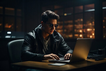 A handsome brunette man wearing sunglasses and a black leather jacket is working on a laptop
