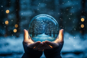close-up photo of the glass ball held in a gloved hand against a snowy background. The snow inside the ball should mirror the real snowfall outside, creating a magical winter scene - obrazy, fototapety, plakaty