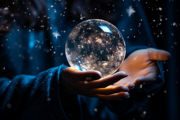 close-up photo of a person gently shaking the snow globe, capturing the swirling snowflakes inside in motion. This dynamic shot will convey the sense of wonder and magic associated - obrazy, fototapety, plakaty