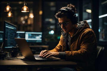 A handsome brunette man wearing sunglasses and jacket is working on a laptop in the office. Hacking, computer games, modern technology, human mind concepts