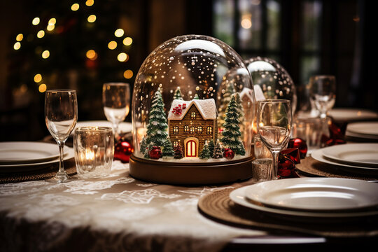 photo of a snow globe as the centerpiece of a holiday-themed table setting. Surround it with seasonal decorations like ornaments, holly, and twinkling lights to create a warm and i