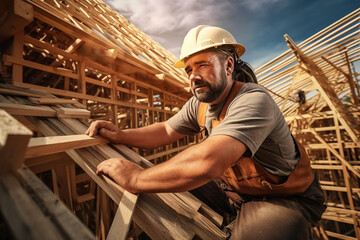 worker roofer builder working on roof structure on construction site. Construction Worker on Duty. Caucasian Contractor and the Wooden House Frame. Industrial Theme