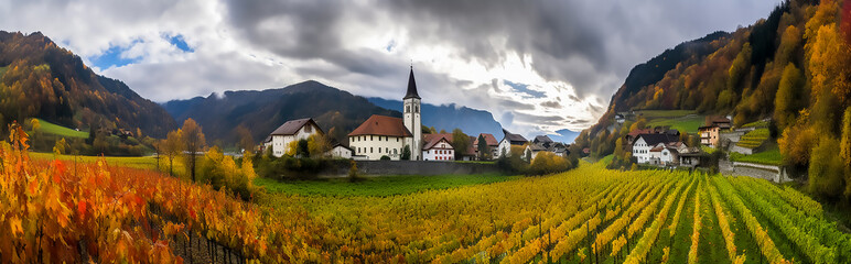 Fototapeta premium Panoramic view of scenic landscape of Church in the middle of Vineyards with cloudy sky, Generative AI image. 