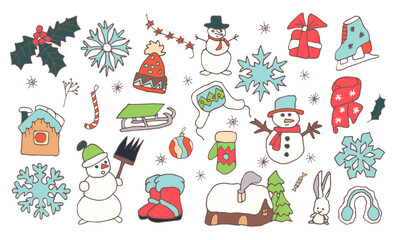 Christmas doodle vector collection. New year celebration elements. Christmas decorations set. Hand-drawn vector illustration.