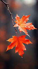 Autumn maple leaf on a tree branch with bokeh background