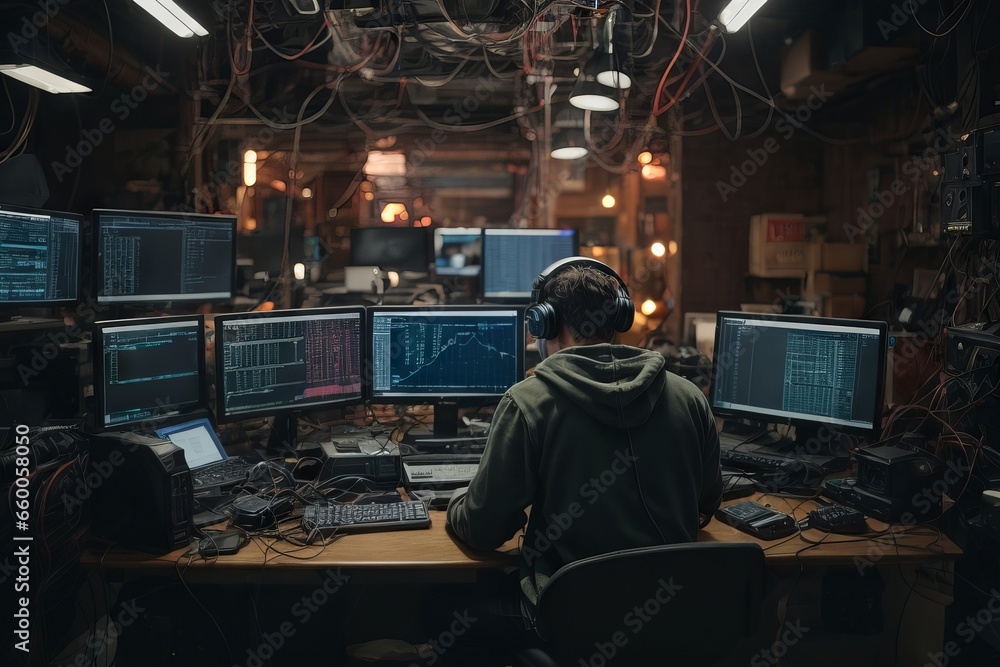 Aufkleber A security expert or a hacker in front of multiple computer screens
