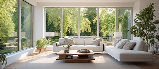 Well designed living room in a home with garden views With copyspace for text
