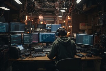 A security expert or a hacker in front of multiple computer screens - obrazy, fototapety, plakaty