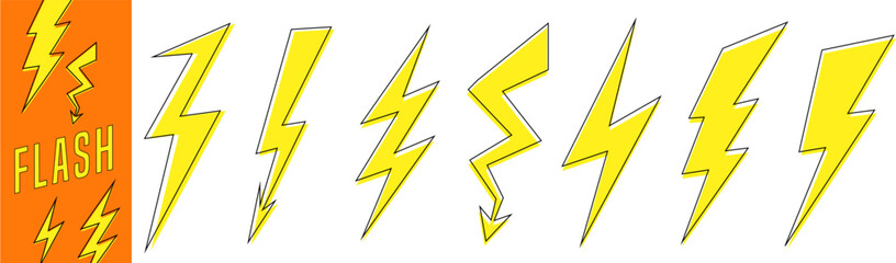 Yellow lightning icons set. Different flash icons isolated on white background