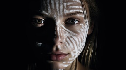 Fototapeta premium Portrait emphasizing contrast with a model's face half-covered in white ink, juxtaposed against a dark background