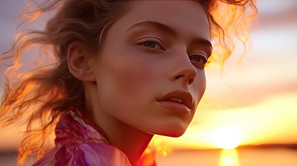 Fototapeta premium Portrait of a model with the fluidity of sunset-colored inks (oranges, purples, pinks) streaming down their face