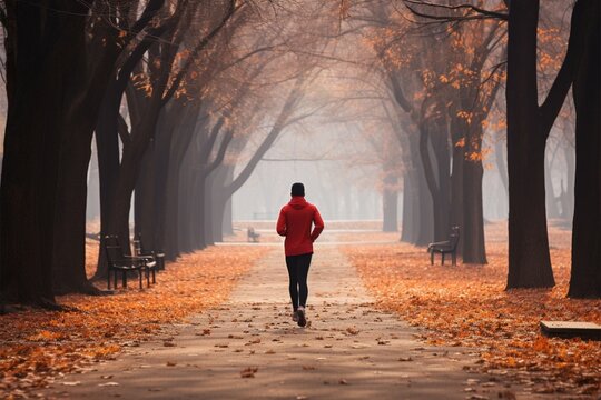 Amidst autumn fog, a dedicated runner embraces the serene park