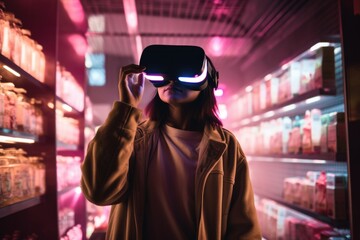 A person young woman girl wearing a VR headset and experiencing virtual reality shopping or playing a video game. The innovative and immersive aspects of online shopping.