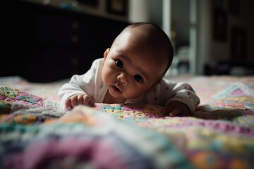 A newborn enjoying tummy time and pushing up with arms, demonstrating developing upper body strength. The background is a soft, textured blanket, motor skill development. 