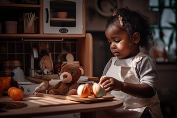 A toddler girl in imaginative play, pretending to cook and serving pretend food to stuffed animals....